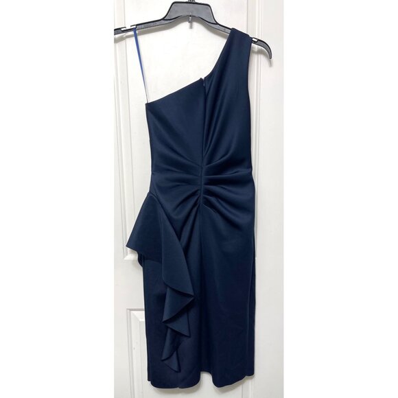 Xscape Carrie Techno Scuba One Shoulder Knee Length Ruffle Dress Blue 6 - Picture 7 of 11